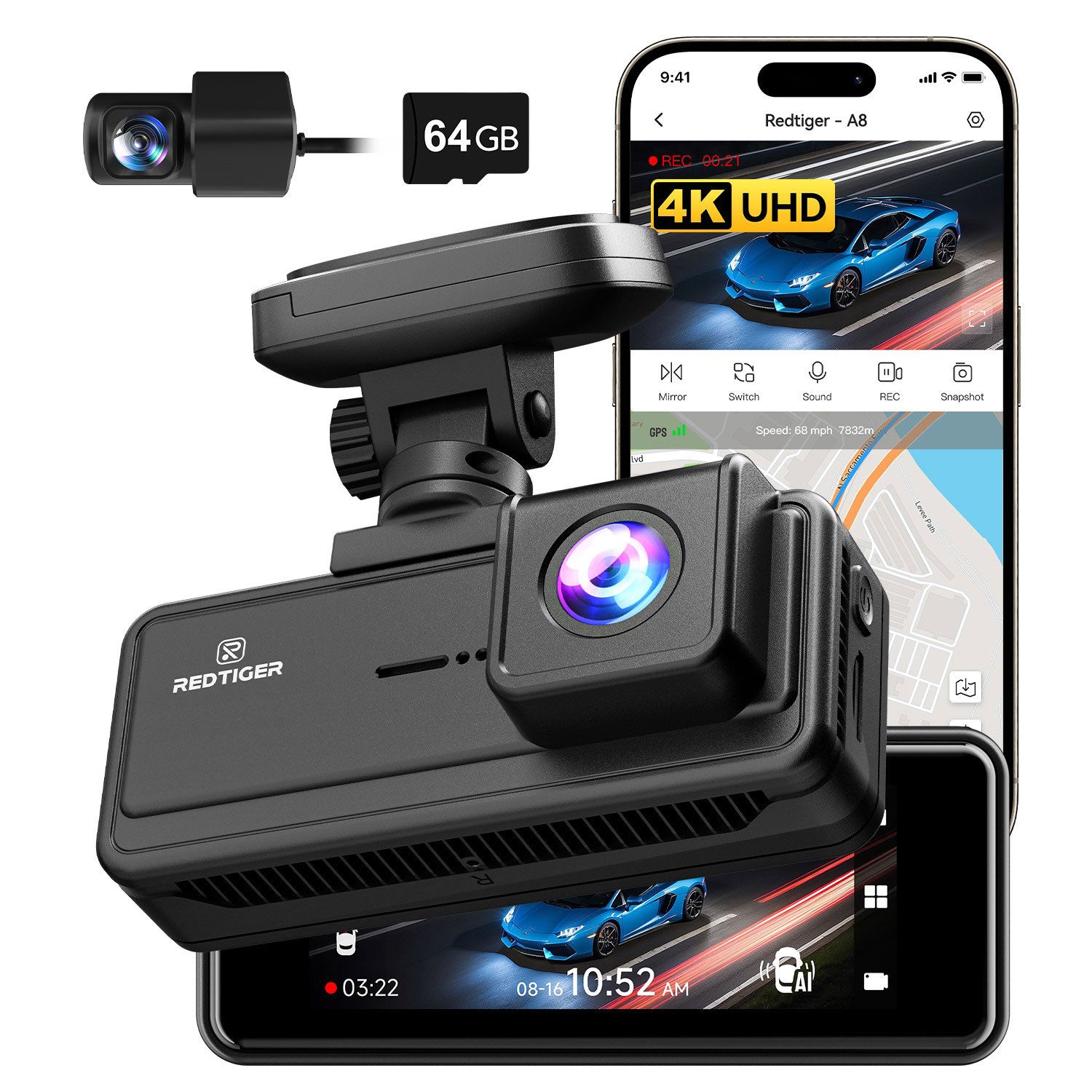 Redtiger A8 2CH 4K Touch Wifi GPS 2CH 64gb dashcam