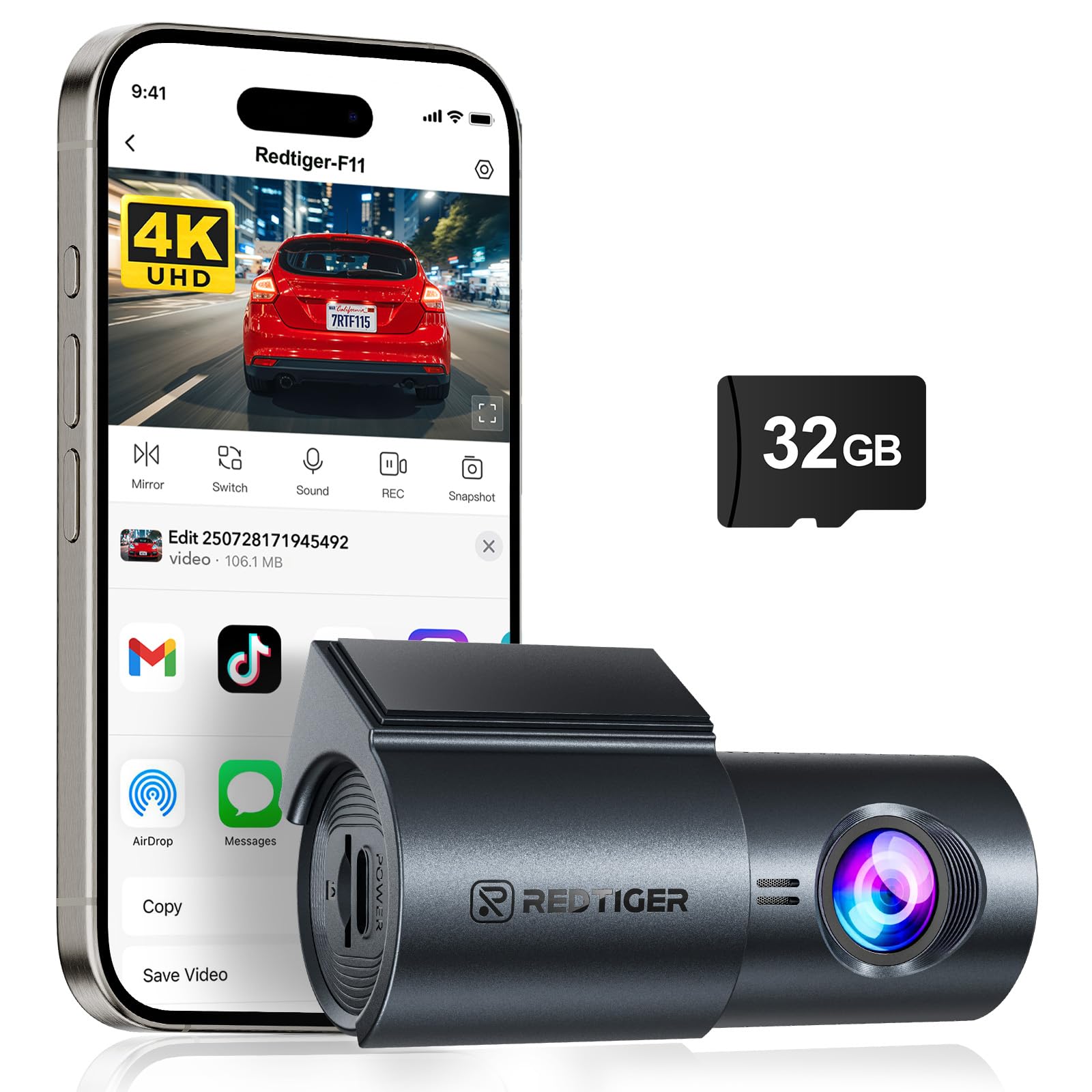 Redtiger F11 4K 1CH Wifi 32gb dashcam