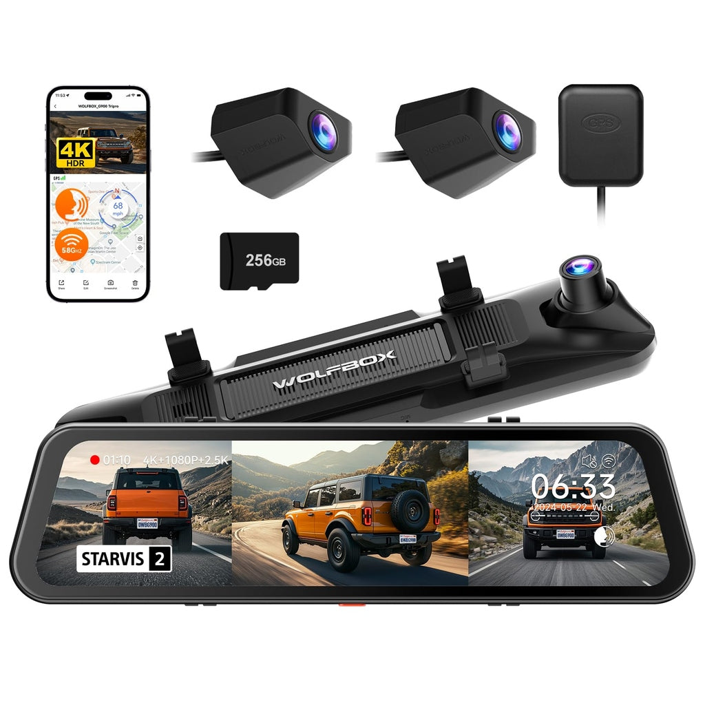 Wolfbox G900 Tripro bumper 3CH 4K Wifi GPS 256gb Mirror dashcam