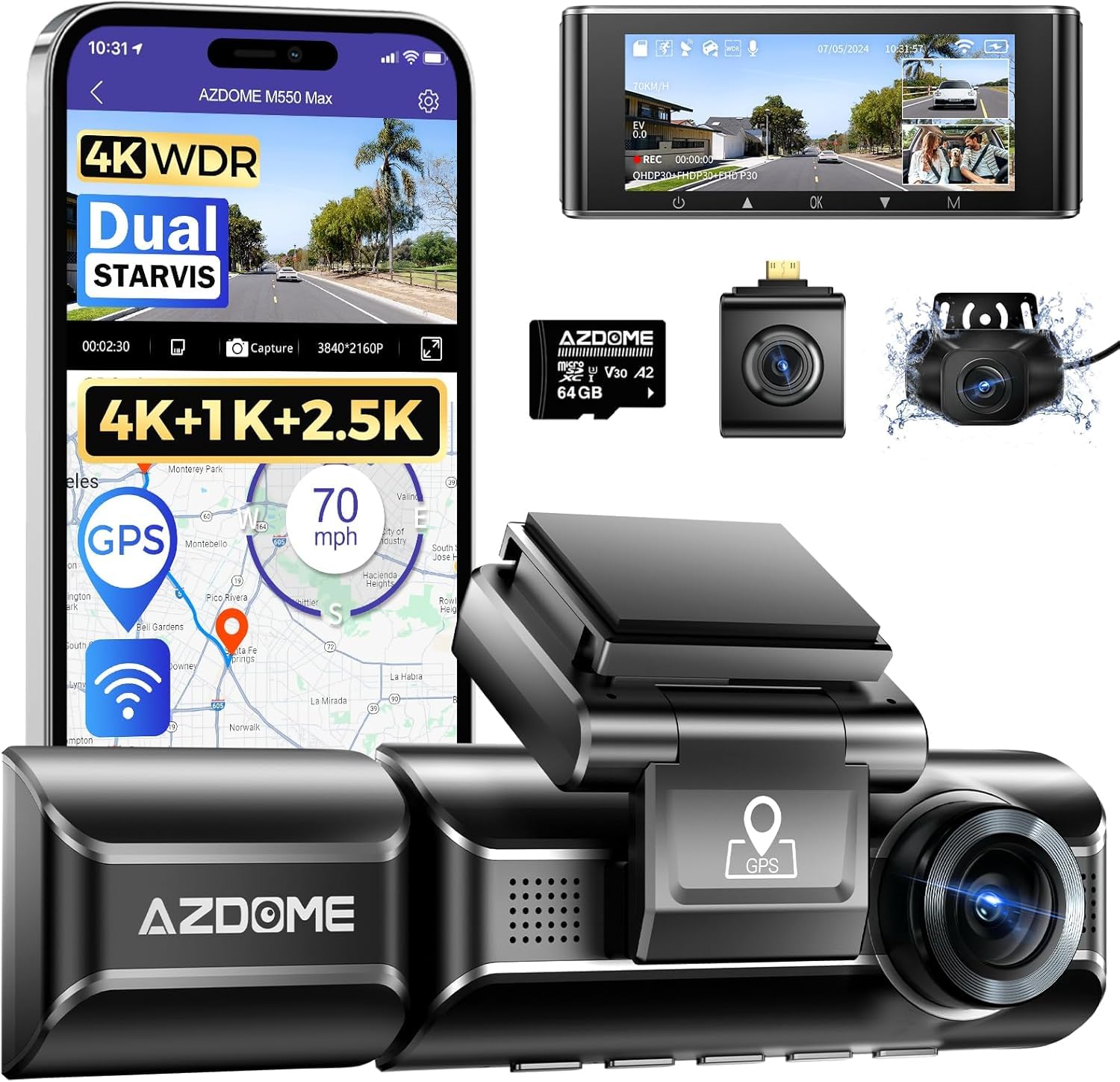 AZDome M550 Max 3CH 4K Wifi GPS 64gb dashcam