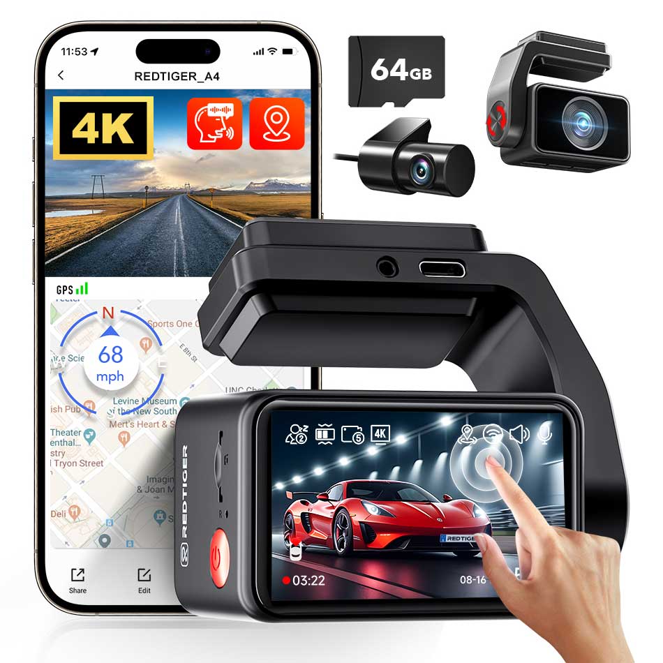 <tc>Redtiger A4 4K Touch Wifi GPS 2CH 64gb dashcam</tc>