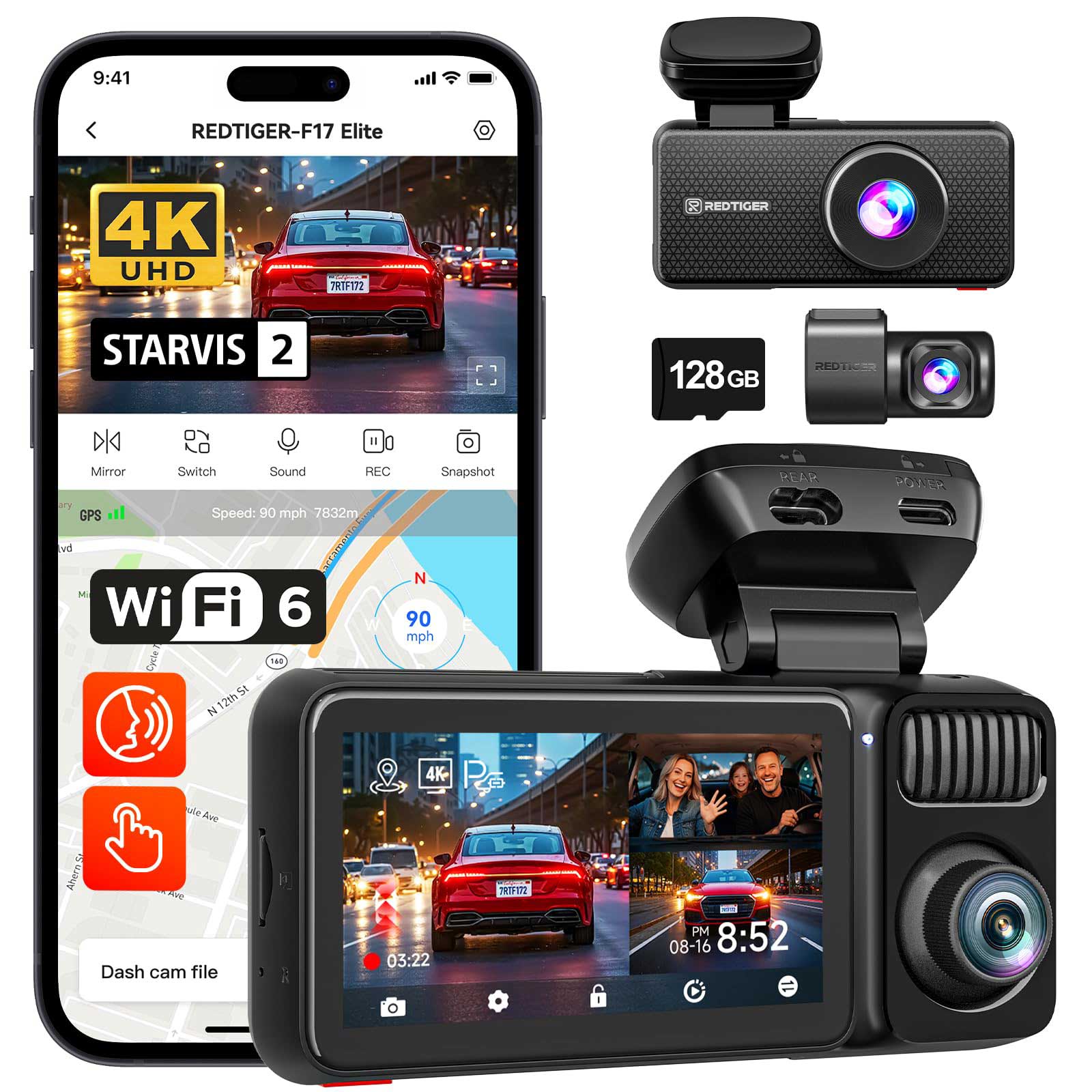 Redtiger F17 Elite 3CH 4K Wifi GPS 128gb dashcam