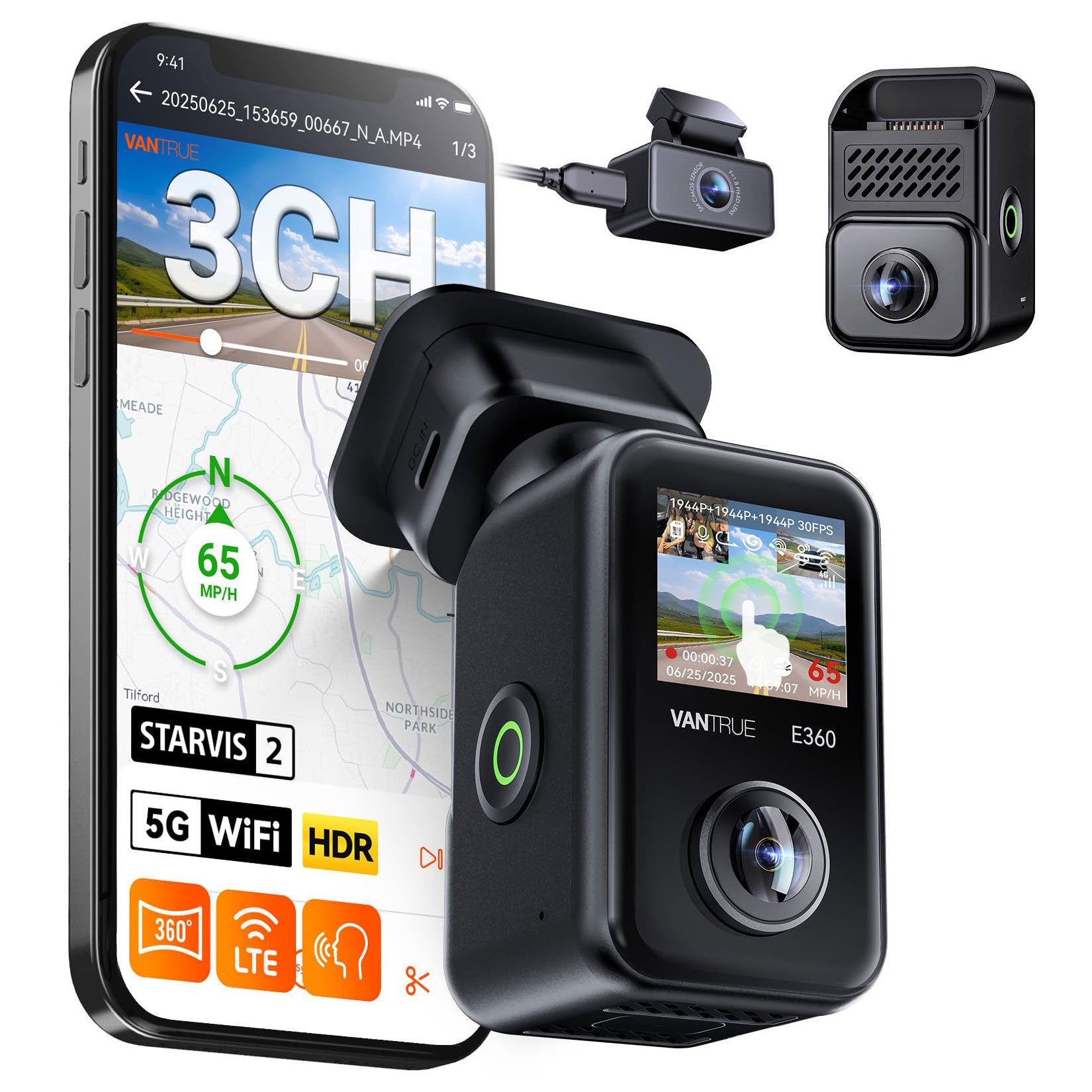 Vantrue E360 Plus Cloud 5K 3CH Wifi GPS 360 graden dashcam