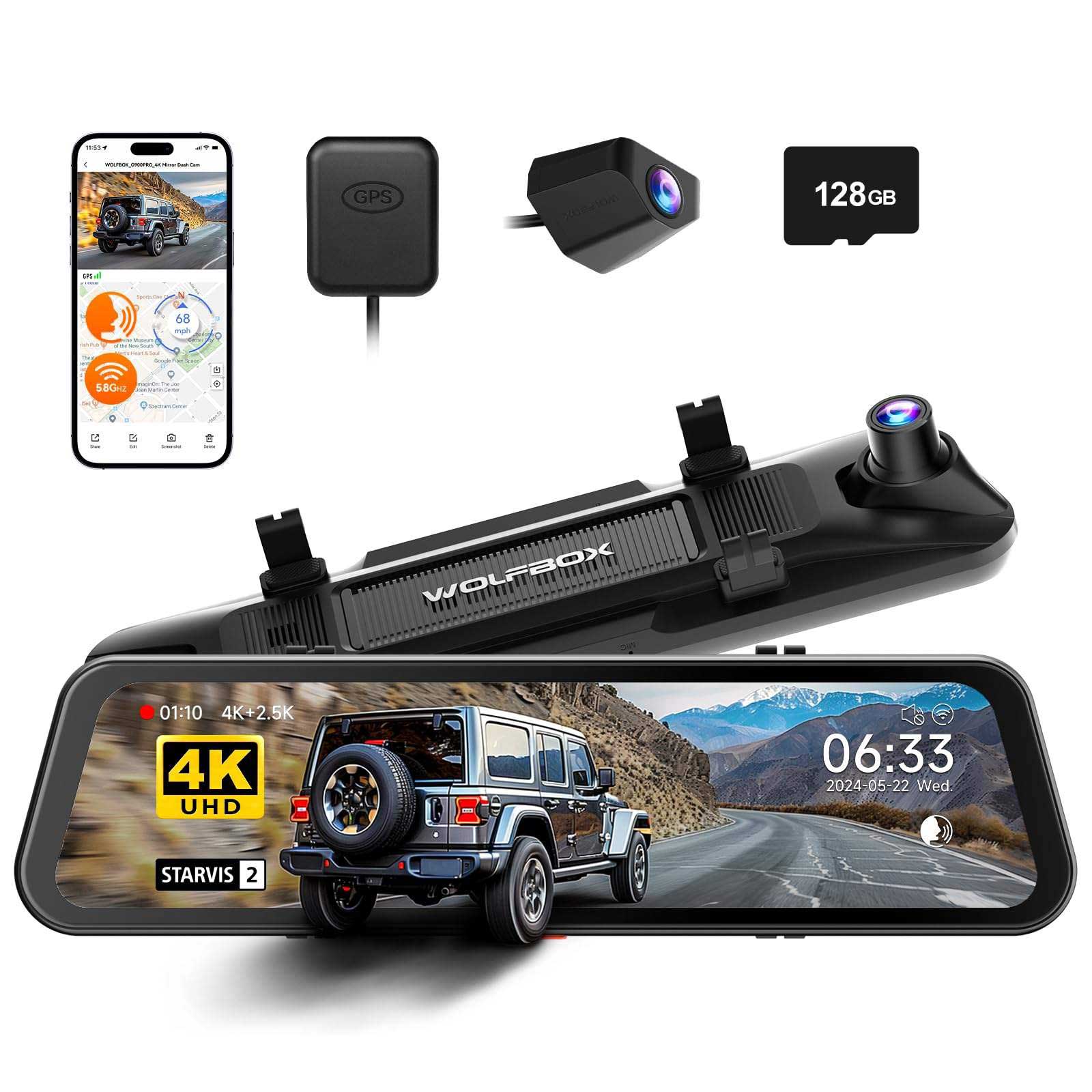 <tc>Wolfbox G900 Pro 4K Wifi GPS 128gb Mirror dashcam</tc>